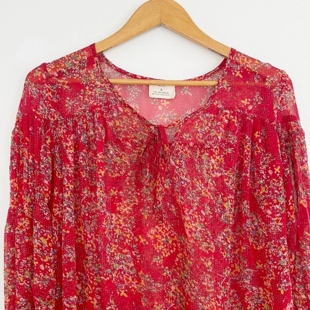 Anthropologie Pins & Needles Boho Red Floral Semi Sheer Long Sleeve Casual Top S - Picture 2 of 15